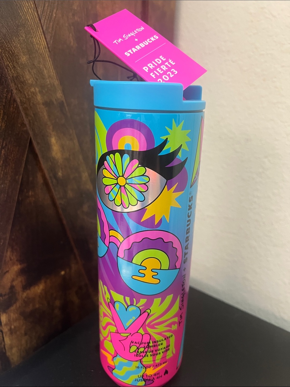 Starbucks Bright Blue Travel Tumbler with Neon Rainbow Accents